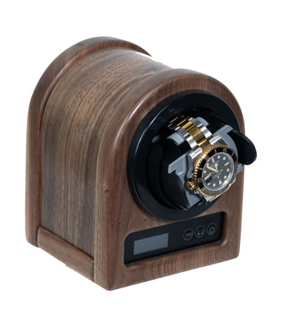 Handmade in USA walnut hardwood single watch winder, multiple TPD settings bidirectional rotation.