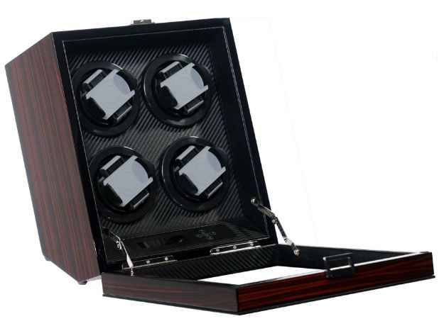 Four Watch Winder Ebony Wood w/LCD Display Control Board Carbon Fiber Lining