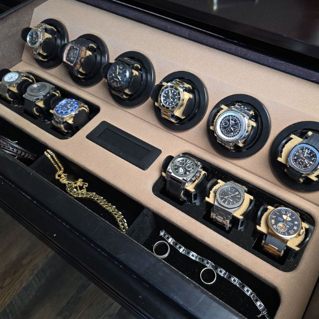 Custom made 6 watch winder drawer insert with 6 watch holders and jewelry tray.